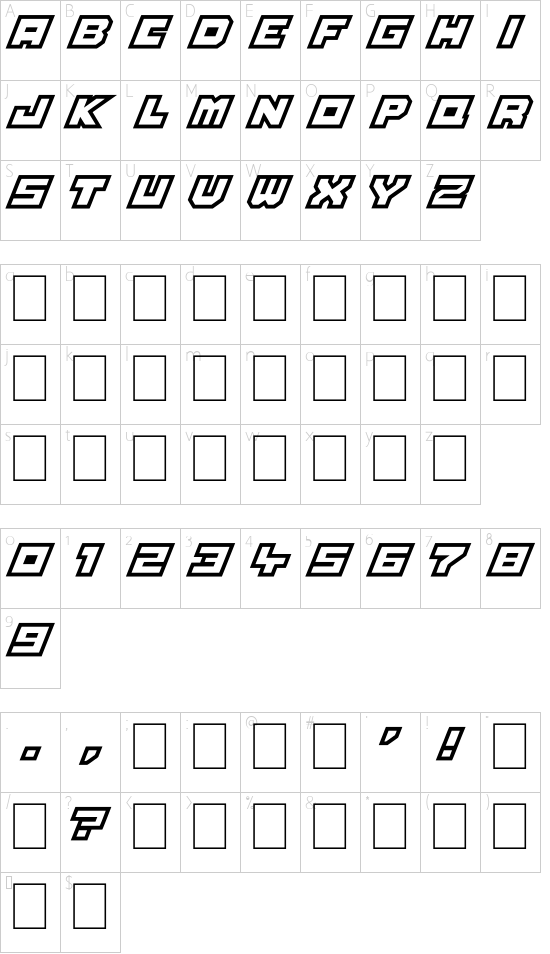 Platinum Sign Over font character map