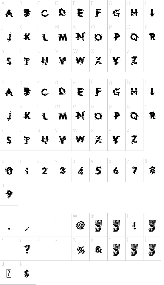 Extreme Glitch font character map