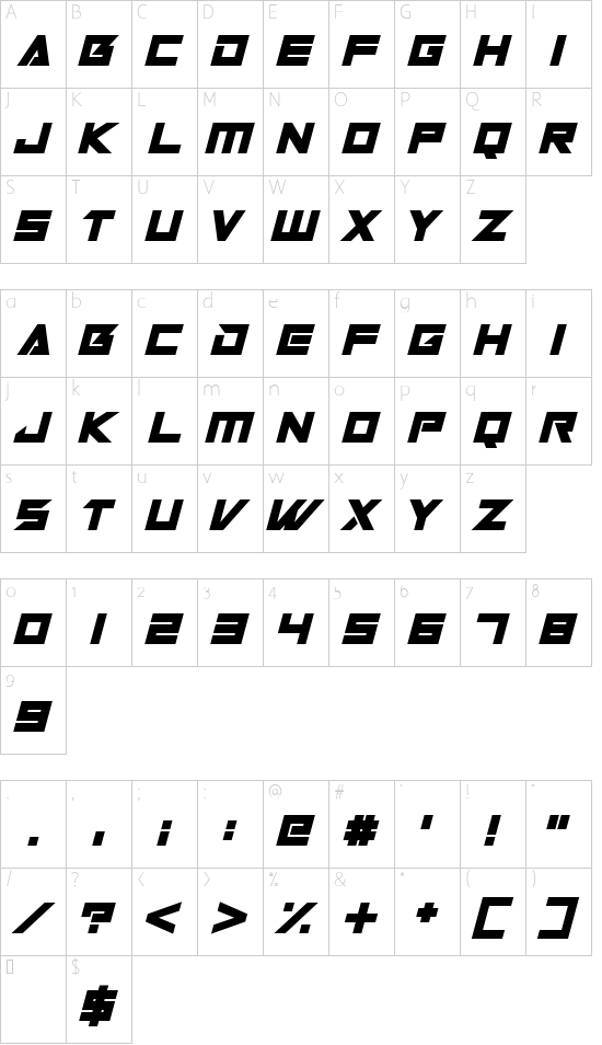 Robot World Italic font character map