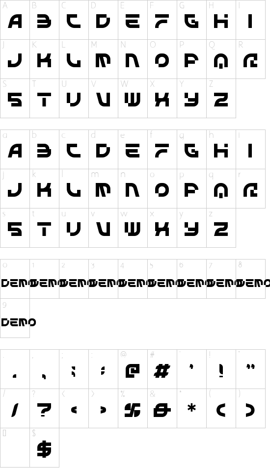 STARBLASTER demo font character map