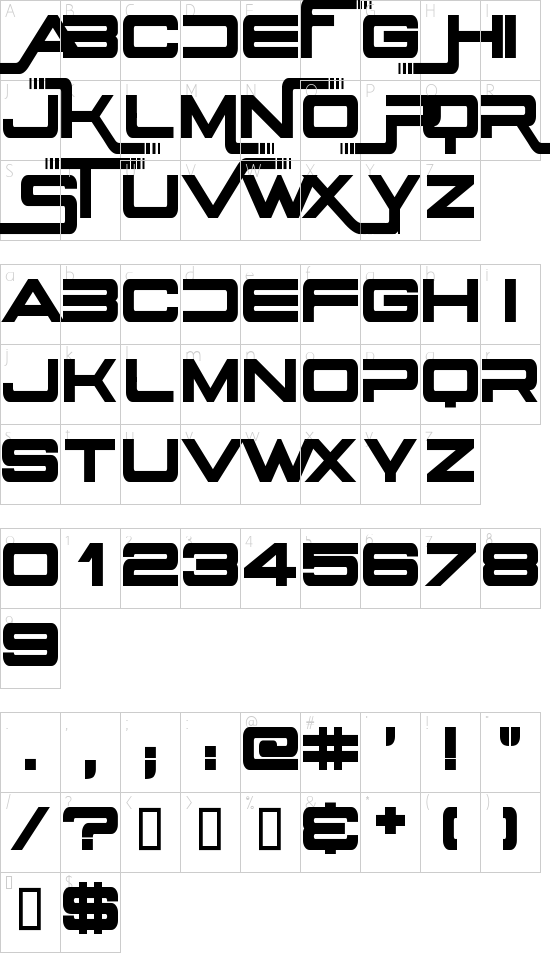 Stars Fighters Upright font character map