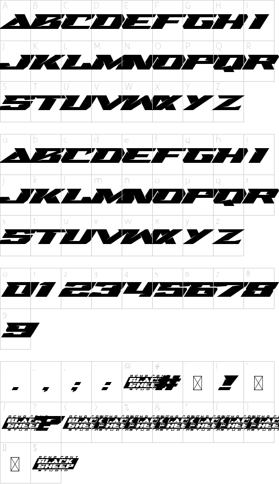 Swipe Race Demo font character map