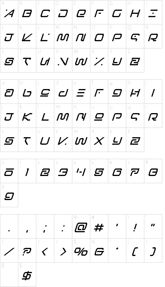 Foreign Alien Semi-Bold Italic font character map
