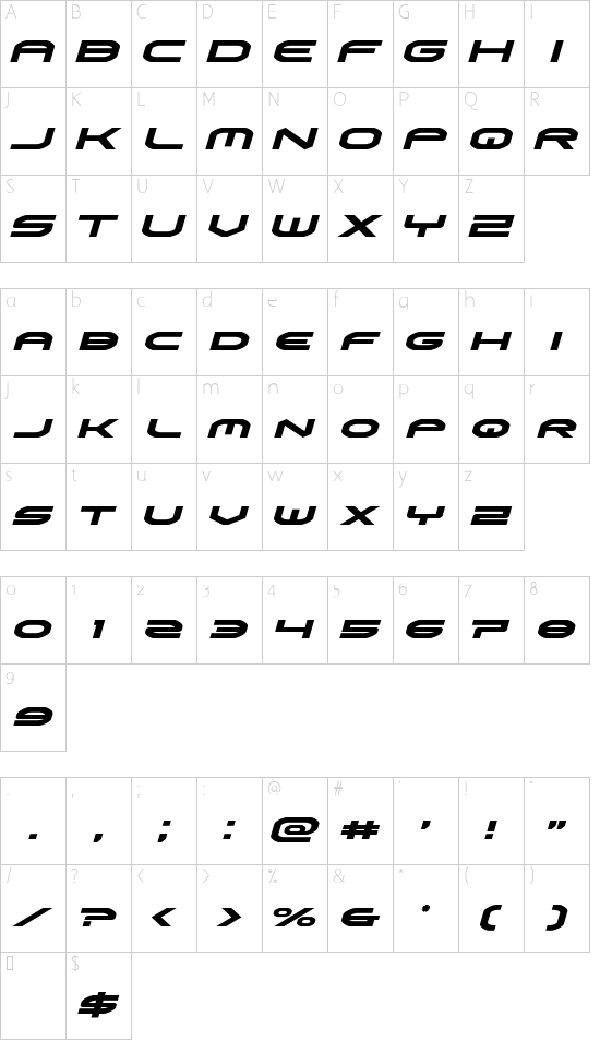 Omni Boy Italic font character map