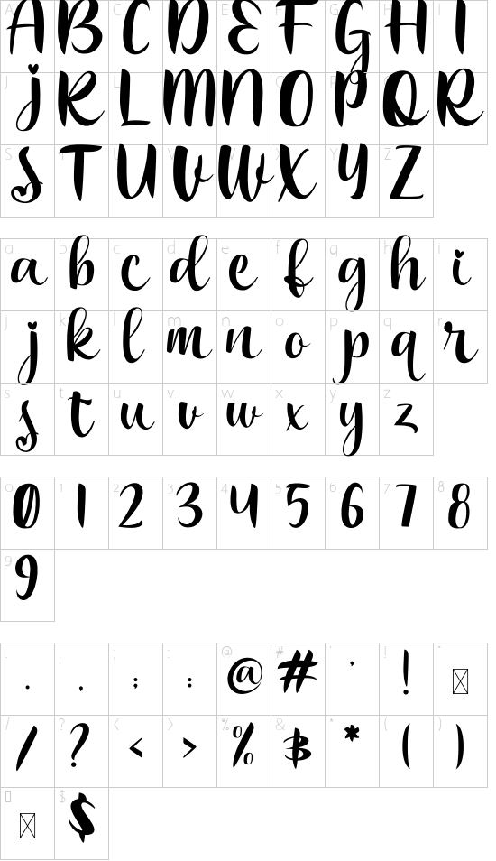 Bakira font character map