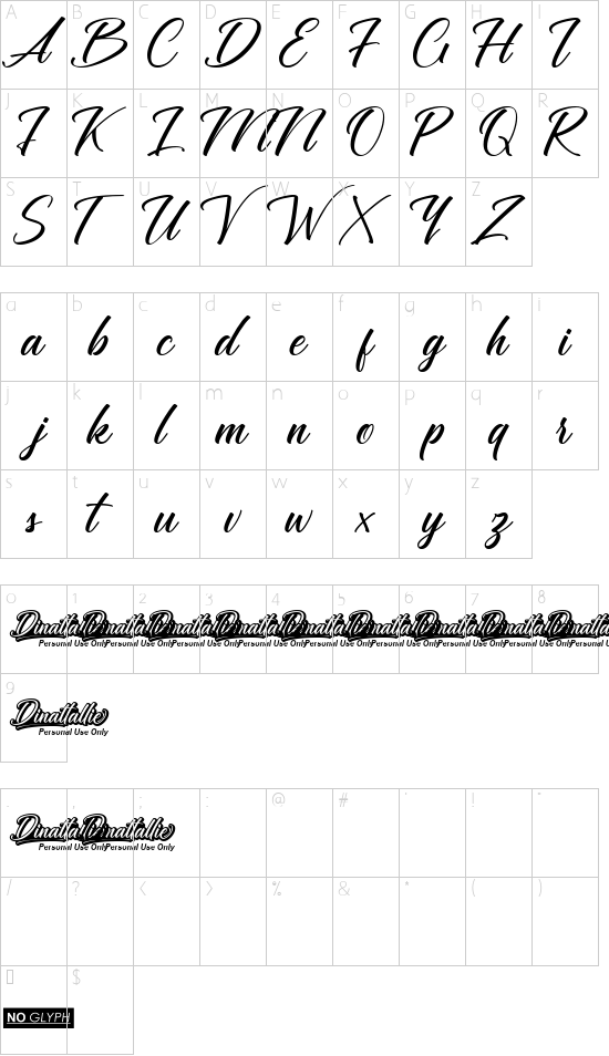 Dinattallie Personal Use Only font character map