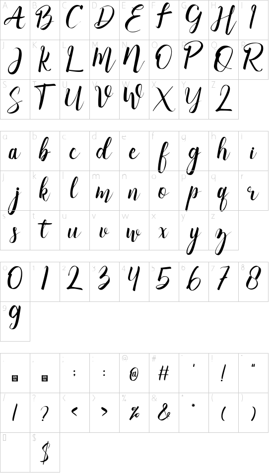 Milleston Font font character map