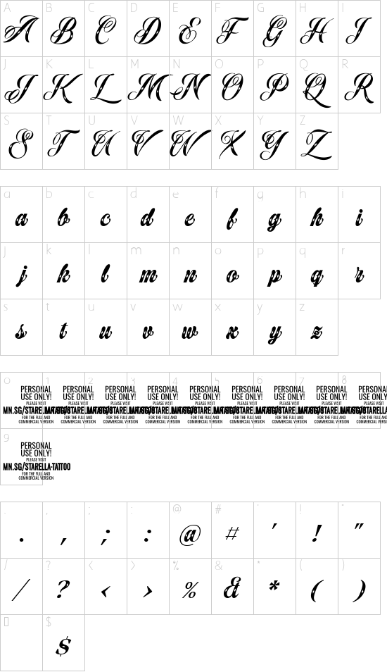 Starella Tattoo Deco PERSONAL font character map