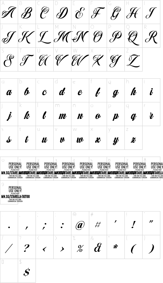 Starella Tattoo PERSONAL USE font character map