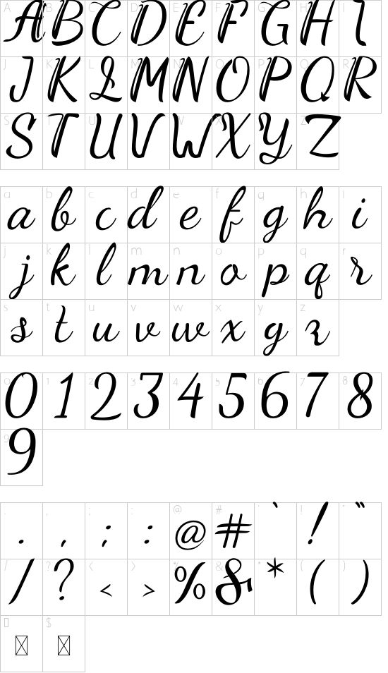 Sweety Loves font character map