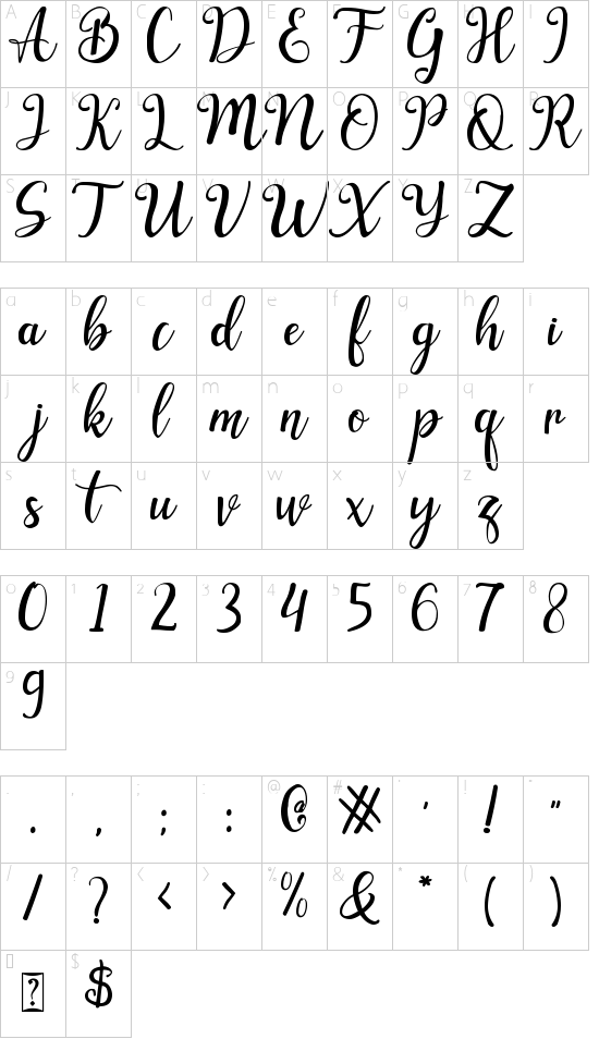 Zolleha font character map