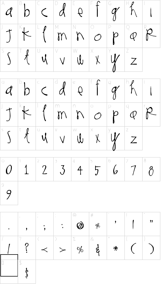 Thinking of You font character map