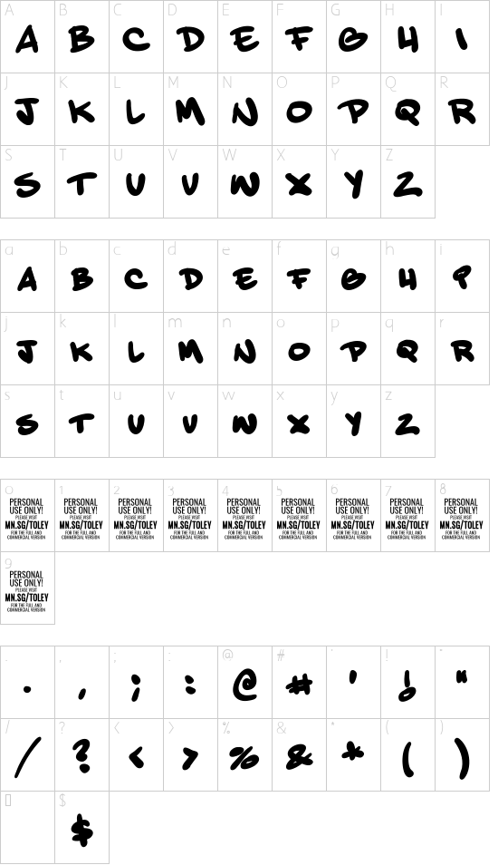 Toley Hand PERSONAL USE ONLY font character map