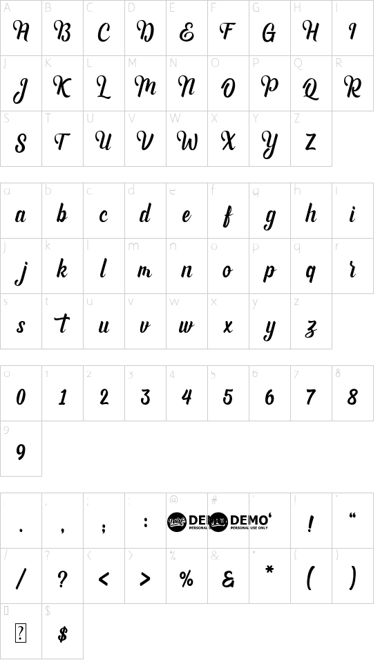 Andhyta font character map