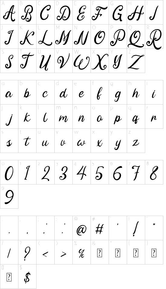 Fine Spring font character map