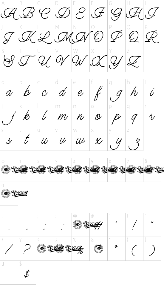 Harvey Script font character map