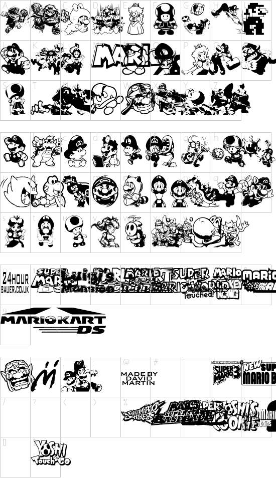 Mario and Luigi font character map