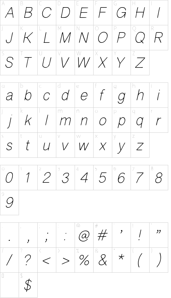 Kioves Italic font character map
