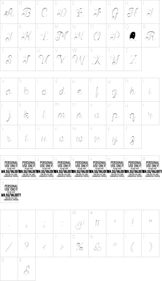 Validity Script Thin PERSONAL USE Italic font character map