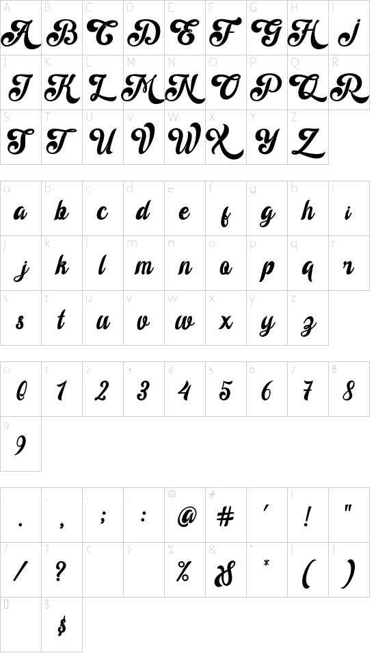 Wanita Regular font character map