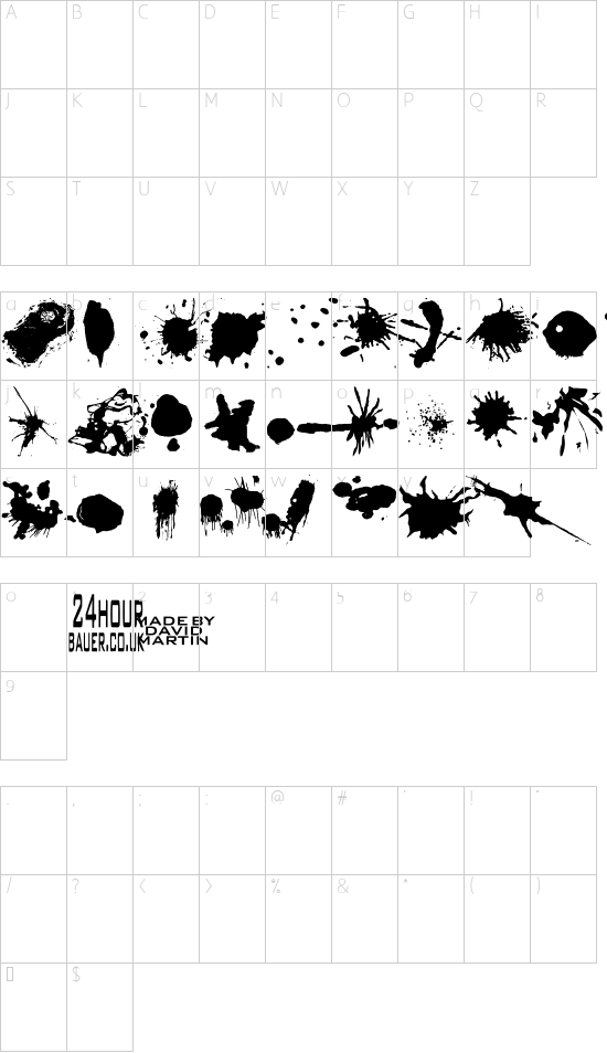 Split splat splodge font character map