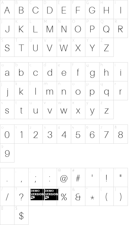 Finis Grotesk DEMO Thin font character map