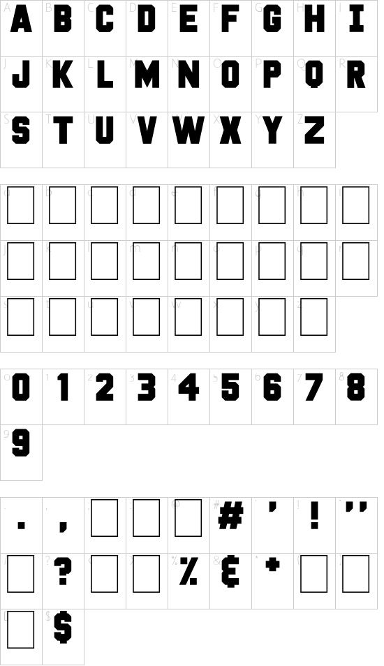 Deep Shadow Over font character map